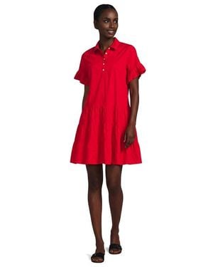 Lands' End Poplin Flutter Sleeve Knee Length Popover Dress - Red