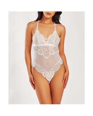 iCollection Lash Lace Sheer Mesh Halter Bodysuit - White