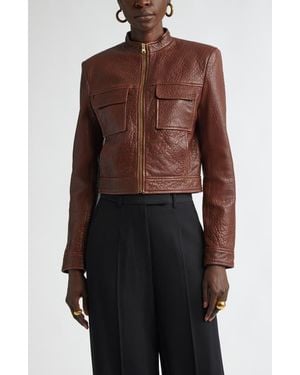 St. John Crinkled Leather Moto Jacket - Brown