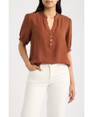 Cloth & Stone Puff Sleeve Half Placket Top - Brown