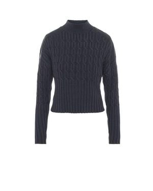 Versatile Dolman Cable Knit Leather Shoulder Sweater - Blue