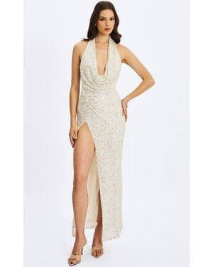 Miss Circle Niamh Beaded Cowl Halter Backless Maxi Dress - White