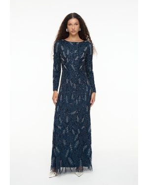 MARYISA Modest Embellished Sequin Beaded Dress Maxi With Detailed Work - Blue
