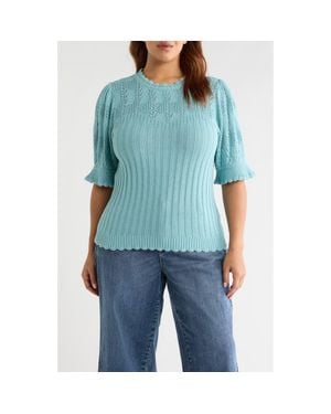Wit & Wisdom Frill Sleeve Mixed Stitch Cotton Blend Sweater - Blue