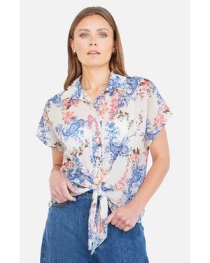 Yumi' Cotton Paisley Print Tie Knot Shirt - Blue