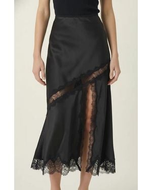 Modenaire Lace Trim Asymmetric Satin Midi Skirt With Contrast Panel - Black