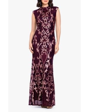 Betsy & Adam Sequin Mock Neck Sleeveless Mermaid Gown - Red
