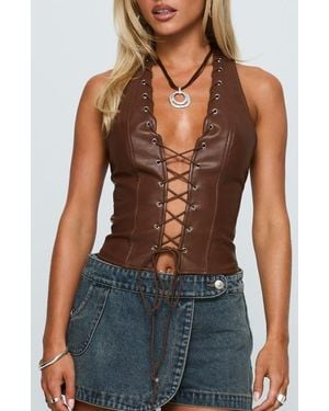 Princess Polly Light On Lace-Up Faux Leather Halter Top - Blue