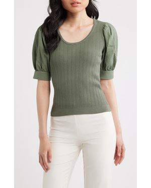 Tahari The Kaeta Mixed Media Puff Sleeve Sweater - Green
