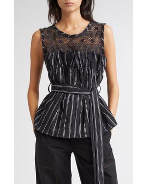 KÚR Bobbin Lace Yoke Stripe Belted Top - Black
