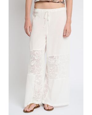 Muse Assembly Lace Insert Crinkle Wide Leg Pants - White