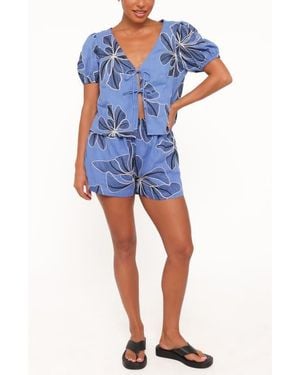 Petal & Pup Asta Puff Sleeve Tie Front Top & Shorts Set - Blue