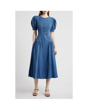 FREEMARKET Cotton Blend Puff Sleeve Midi Dress - Blue