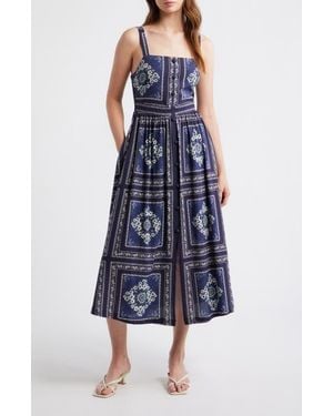 ZOE AND CLAIRE Grid Print Sleeveless Cotton & Linen Midi Dress - Blue