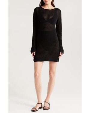 Solid & Striped The Nicki Rib Long Sleeve Linen Blend Cover-Up Dress - Black