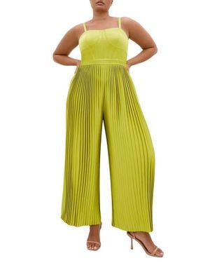 City Chic Pleated Satin Jumpsuit - Yellow