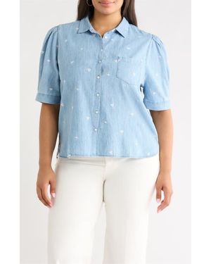 Caslon Embroidered Short Sleeve Chambray Shirt - Blue