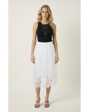 Modenaire Layered Lace Sheer Hem Midi Skirt - White
