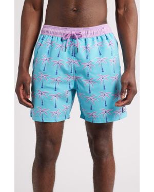 Tom & Teddy Palm Tree Print Swim Trunks - Blue