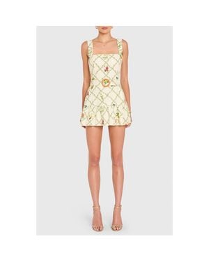 Amanda Uprichard Lena Floral Print Belted Linen Blend Romper - Yellow