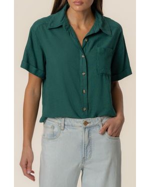 Kut From The Kloth Aida Linen Blend Short Sleeve Button-Up Top - Green