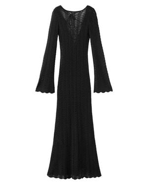 Mango Lace-Up Open Back Long Sleeve Sheer Pointelle Maxi Dress - Black