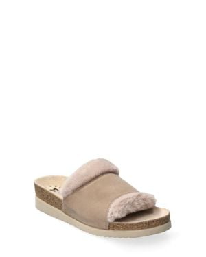 Mephisto Faux Fur Trimmed Leather Slide Sandals - Gray