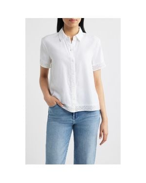 Cloth & Stone Lace Trim Short Sleeve Button-Up Shirt - Blue