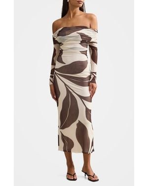 EVER NEW Minnie Long Sleeve Off The Shoulder Mesh Midi Dress - Multicolor