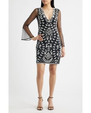 Pisarro Nights Beaded Mesh Sleeve Minidress - Black