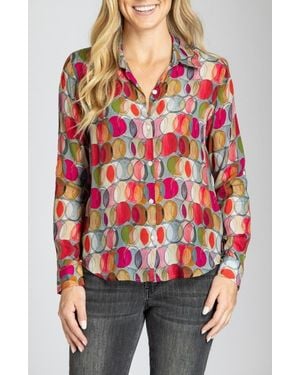 Apny Abstract Print Roll Tab Sleeve Chiffon Button-Up Shirt - Red