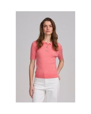 Elle Collection Fine Gauge Ribbed Short Sleeve Henley - Pink