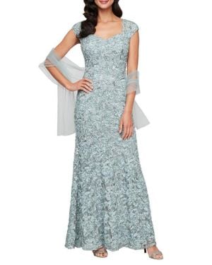 Alex Evenings Soutache Sequin Lace A-Line Gown With Wrap - Blue