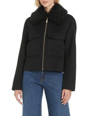 Kate Spade Wool Blend Jacket With Removable Faux Shearling Collar - Black