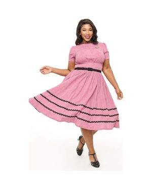 Unique Vintage Plus Size Boatneck Ricrac Swing Dress - Pink