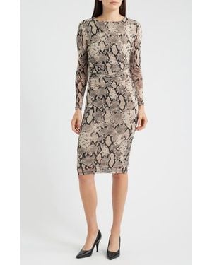 Anne Klein Print Long Sleeve Body-Con Dress - Natural