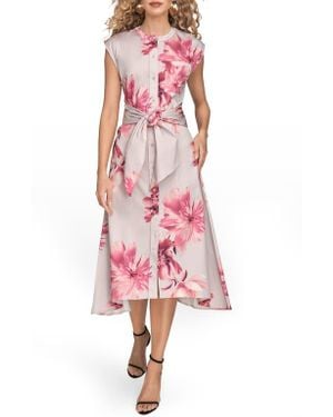 Donna Karan Floral Tie Front Cap Sleeve Stretch Cotton Shirtdress - Pink