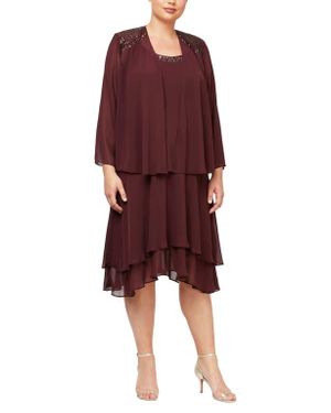 SLNY Sequin Beaded Jacket & Dress - Red