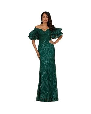 LARA New York Off Shoulder Mermaid Beaded Gown With Tiered Sleeves - Green