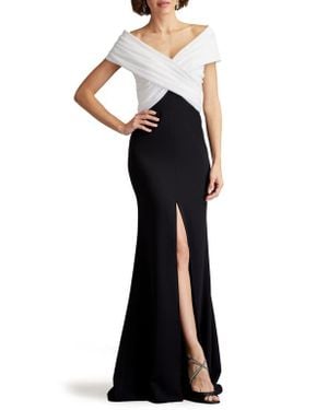 Tadashi Shoji Portrait Neck Taffeta Gown - Blue
