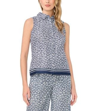 Cece Shell Print Stretch Cotton Button-Up Top - Blue