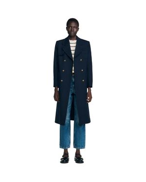 Sandro Structured Long Double-Breasted Coat - Blue