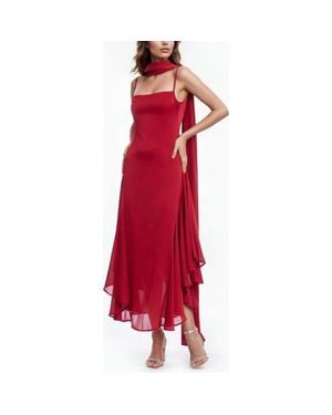 Badgley Mischka Asymmetri Chiffon Slipdress With Scarf - Red