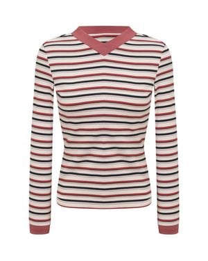 Be Positive Striped Overlap V-Neck Contrast Cuff Top - Red