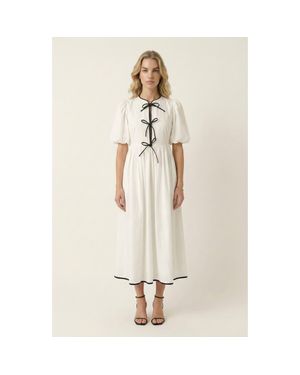 Modenaire Puff Sleeve Midi Dress With Tiered Front Ties And Contrast Trim - Natural
