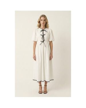 Modenaire Puff Sleeve Midi Dress With Tiered Front Ties And Contrast Trim - Natural