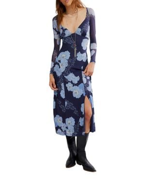 Free People Calla Floral Long Sleeve Knit Midi Dress - Blue