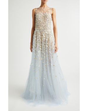 Oscar de la Renta Mother Of Pearl Embroidered Sleeveless Tulle Gown - White