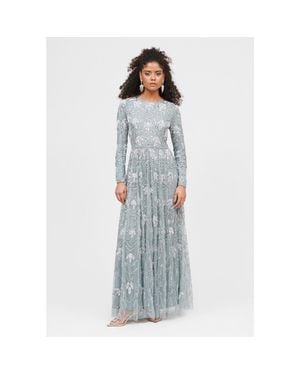 MARYISA Occasion Modest Embellished Sequin Beaded Floral Evening Maxi Dress - Gray