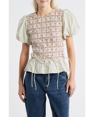 Damson Madder Audrey Polka Dot Smocked Organic Cotton Top - Blue